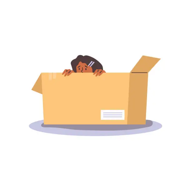 Vector illustration of Scared child hiding inside in a cardboard box and peeping, girl playing hide and seek game, vector cartoon entertainment