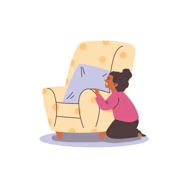 Vector illustration of Stressed child girl hiding behind chair flat style, vector illustration
