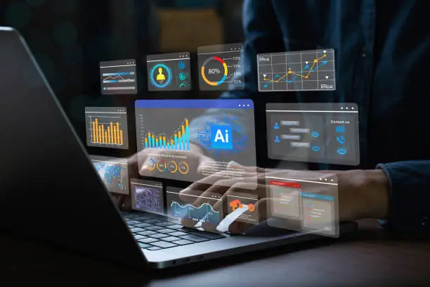 Photo of AI (Artificial Intelligence). Businessman working on laptop connect to technology AI for working tools. Use command prompt to generate ideas and Chat bot Chat with AI. analytics dashboard with charts.