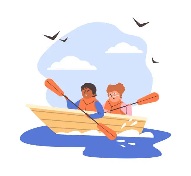 Vector illustration of Children float in a boat in life jackets, row with oars, vector cartoon happy girl and boy river adventure, summer camp