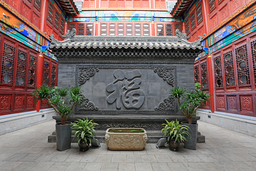 Chinese traditional shadow wall brick carving architectural landscape, North China