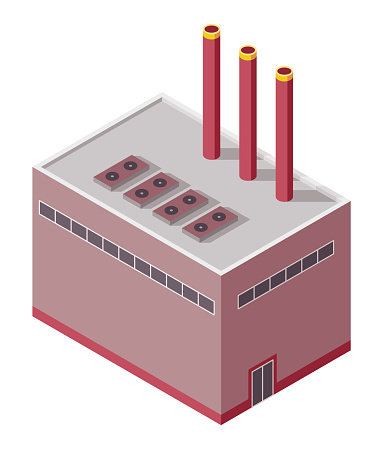 Factory isometric. Industrial bulding. Concept of industrial plant with chimney tower or pipes. 3d isolated icon. Architecture of manufacture house. Vector cartoon illustration.