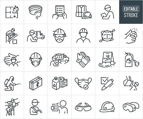 A set of workplace health and safety icons that include editable strokes or outlines using the EPS vector file. The icons include an evacuation plan, smoke detector, safety protocol checklist, safety vest and hardhat, safety inspector doing an inspection, roofer using safety ropes on roof of house, safety inspector inspecting a semi-truck, construction worker with hardhat and safety glasses, face mask, washing hands, worker with hardhat being sheltered by hand, worker wearing hardhat and face mask, safety inspector inspecting the safety of a construction site with a dump truck in the background, work gloves, slippery when whet sign, fire extinguisher, hazmat personnel with full body safety suit, first aid kit, first aid supplies, construction worker on job site nearly being hit by construction machinery, electrician safely using safety ropes while inspecting power line, professional driver wearing seatbelt, safety report held up by employee, safety glasses, hardhat and safety goggles.