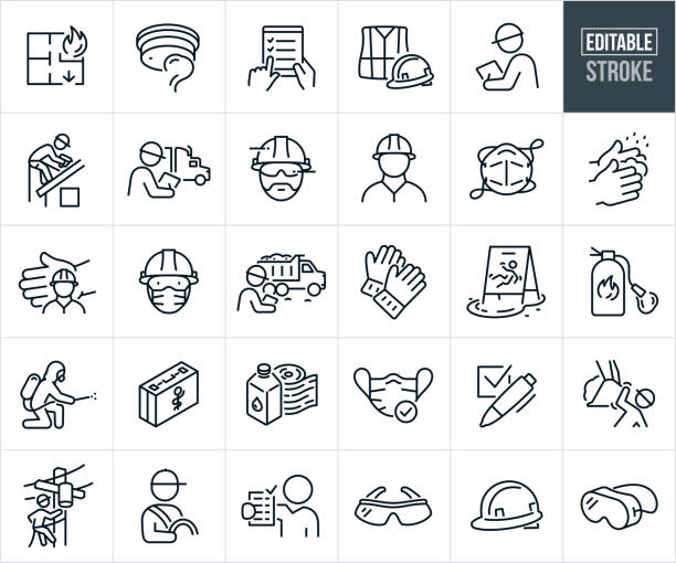 Workplace Health And Safety Thin Line Icons - Editable Stroke A set of workplace health and safety icons that include editable strokes or outlines using the EPS vector file. The icons include an evacuation plan, smoke detector, safety protocol checklist, safety vest and hardhat, safety inspector doing an inspection, roofer using safety ropes on roof of house, safety inspector inspecting a semi-truck, construction worker with hardhat and safety glasses, face mask, washing hands, worker with hardhat being sheltered by hand, worker wearing hardhat and face mask, safety inspector inspecting the safety of a construction site with a dump truck in the background, work gloves, slippery when whet sign, fire extinguisher, hazmat personnel with full body safety suit, first aid kit, first aid supplies, construction worker on job site nearly being hit by construction machinery, electrician safely using safety ropes while inspecting power line, professional driver wearing seatbelt, safety report held up by employee, safety glasses, hardhat and safety goggles. occupational safety and health stock illustrations