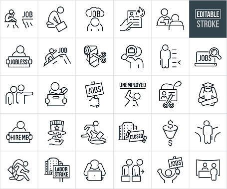 A set of unemployment and job loss icons that include editable strokes or outlines using the EPS vector file. The icons include a jobseeker with head in hands sitting on one side of a cliff with the word job on the other side representing the inability to get a job, underemployed business person on their knees holding a briefcase, sad jobseeker with head down and a job cloud overhead after unsuccessfully finding employment, hand holding a burning resume, person with head down at a job interview after being told he was not qualified, jobseeker holding a sign reading 