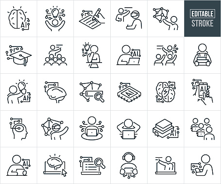 A set of artificial intelligence in education icons. The icons have editable strokes or outlines when using the vector file format. The icons include artificial intelligence, human brain with AI, student with AI and lightbulb overhead, writing a school paper using artificial intelligence, student using AI to learn from professor in classroom, professor using artificial intelligence to teach, graduation cap with AI, student brainstorming work assignment with the assistance of artificial intelligence, student on laptop computer using AI to do school work, student being creative with the assistance of artificial intelligence, web search using AI, artificial intelligence computer chip, AI brainstorm, student using artificial intelligence on smartphone, human intelligence and AI, student with virtual reality headset learning using artificial intelligence, student relaxed because artificial intelligence is doing all of the thinking, artificial intelligence concepts, students on computers learning from their professor, studying using AI on tablet PC, internet search on computer with AI assistance and other related icons.