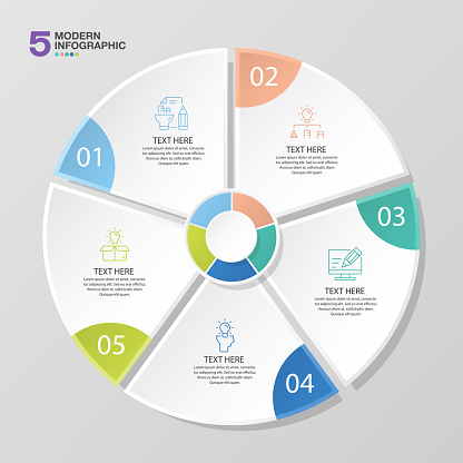 Modern circle infographic template with 5 steps, process or options, process chart, Used for process diagram, presentations, workflow layout, flow chart, infograph. Vector eps10 illustration.