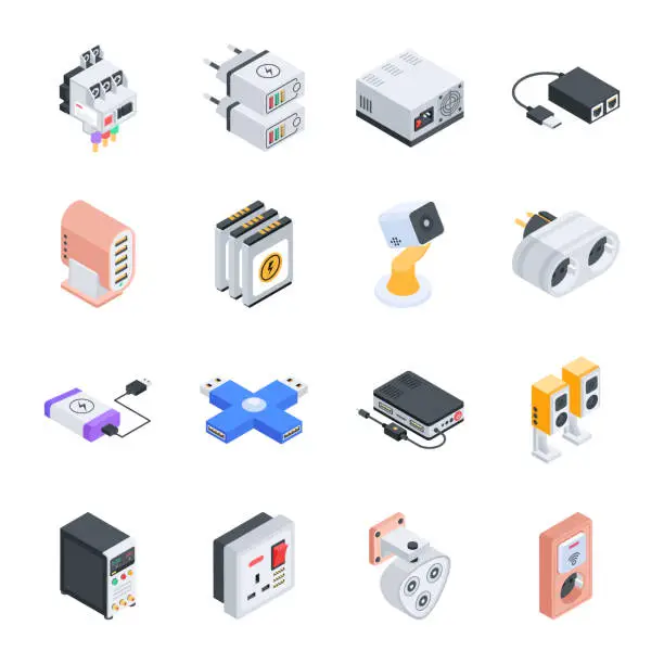 Vector illustration of Isometric Icons of Electronic Components and Devices