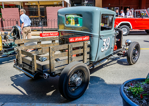 Moncton, New Brunswick, Canada -  July 7, 2017 : Traditional styled hot rod based upon a 1931 Ford Model A pickup truck, parked in the downtown area of Moncton, NB, Canada.