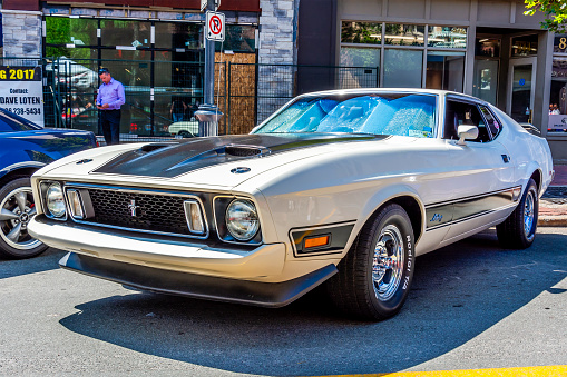 Moncton, New Brunswick, Canada - July 7, 2017 : 1973 Ford Mustang Mach 1 in downtown area  during Atlantic Nationals, Moncton, NB, Canada.