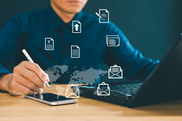 istock Businessman uses computer to complete survey, online checklist, fill out digital checklist Evaluate questionnaires, evaluations, online surveys. online exam 2040598614