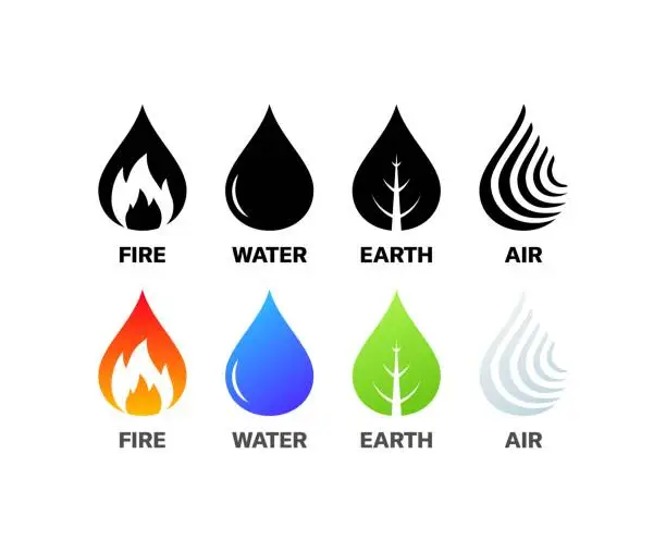 Vector illustration of Fire, water, earth, air drops icon. Water drop icons set. Silhouette and flat style