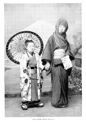 Japanese mother and daughter take a walk with Mt. Fuji in background. Engraving published 1894. Original edition is from my own archives. Copyright has expired and is in Public Domain.