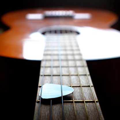 Closeup detail of guitar strings for playing music musical strands pick