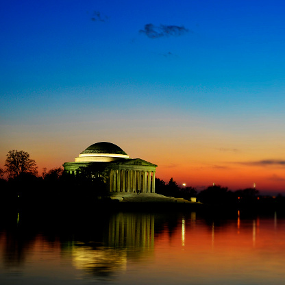 Jefferson Memorial Builing at Sunset with Spot Focus and reflection in water
