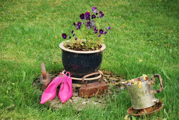 pink slippers on the lawn with flower pot