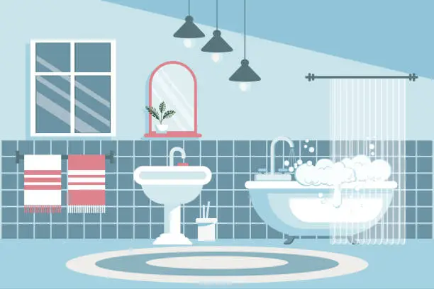 Vector illustration of Cozy bathroom. Bathroom interior with bathroom furniture, bathtub, washbasin, towels, mirror, window, house plants.