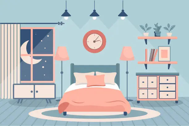Vector illustration of Cozy bedroom. Bedroom interior: bed with pillows, carpet, bedside tables, wardrobe, window. Interior concept.