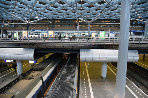 The Hague (Den Haag ) Railway station Centraal. The Hague is the country's administrative centre and its seat of government. The city has a population of arround 550'000 citizens. The image shows the main railway station with several trains.