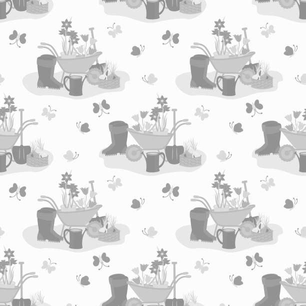 illustrations, cliparts, dessins animés et icônes de vector - garden tools with butterfly insect seamless pattern. - daffodil flower silhouette butterfly