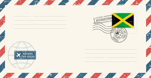 ilustrações, clipart, desenhos animados e ícones de envelope grunge de correio aéreo em branco com selo postal da jamaica. ilustração vetorial de cartão postal vintage com bandeira nacional jamaicana isolada no fundo branco. estilo retrô. - mail postage stamp postmark jamaica