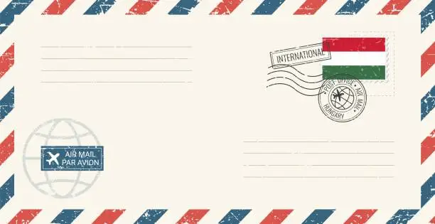 Vector illustration of Blank air mail grunge envelope with Hungary postage stamp. Vintage postcard vector illustration with Hungarian national flag isolated on white background. Retro style.