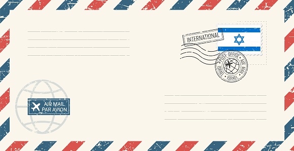 Blank air mail grunge envelope with Israel postage stamp. Vintage postcard vector illustration with Israeli national flag isolated on white background. Retro style.