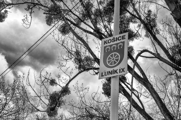 Kosice, Slovakia - March 25, 2023: Text LUNIK IX on information sign  in settlement