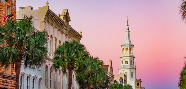 Uban streets in Downtown Charleston, South Carolina, United States. Vibrant sunrise twilight.