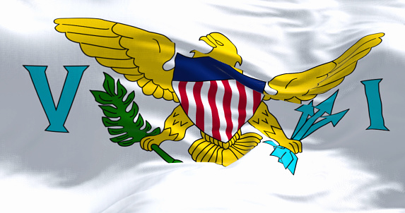 Close-up of United States Virgin Islands flag waving. The Virgin Islands of the US, are an unincorporated and organized territory of the US. 3d illustration render. Rippling fabric