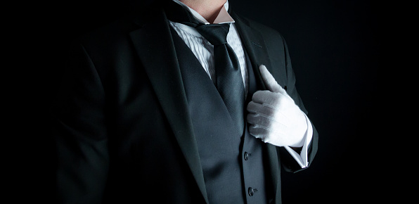 Butler in Dark Suit and White Gloves Standing Proudly