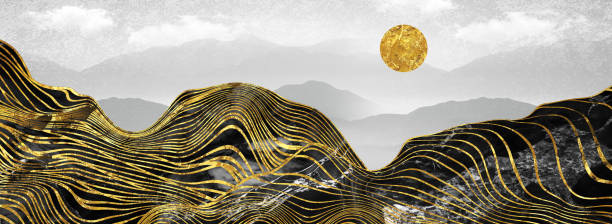 istock 3d modern art mural wallpaper, light landscape with black wavy mountains, gray background with golden moon, white clouds 2040684377
