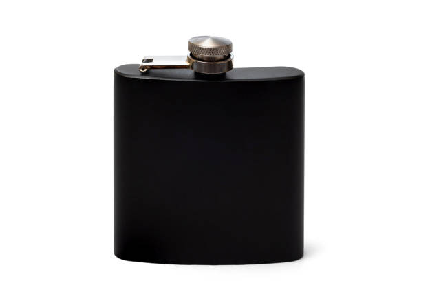 istock Black stainless steel flask for alcoholic drinks isolated on white 2040689274