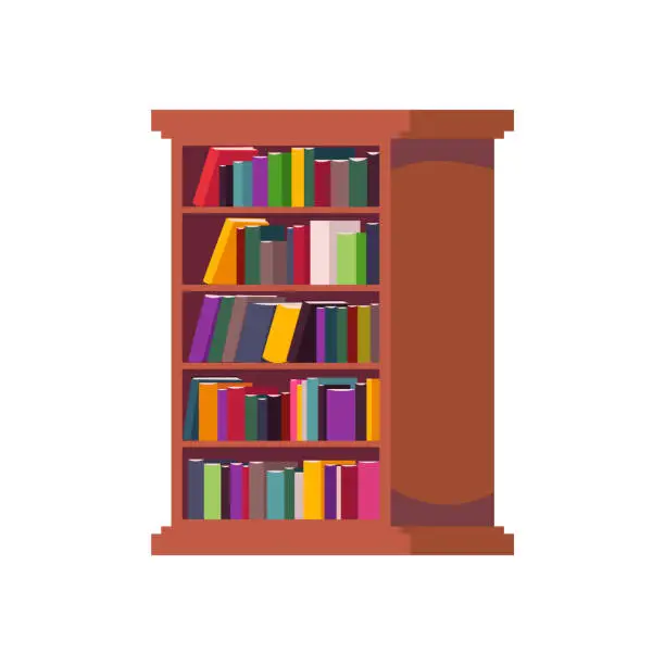 Vector illustration of Wooden bookcase with many different colorful books.
