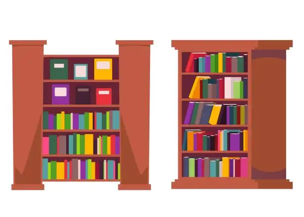 Vector illustration of Wooden bookcases with bright books and folders in flat style