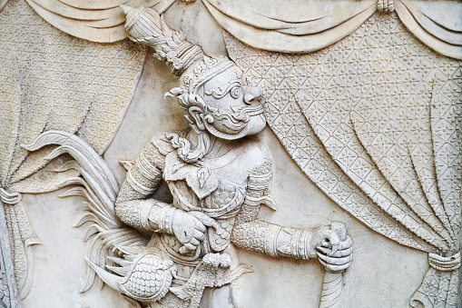 High relief of characters from Ramayana thai national epics. Wat Phanan Choeng. Ayutthaya. Phra Nakhon Si Ayutthaya province. Thailand.