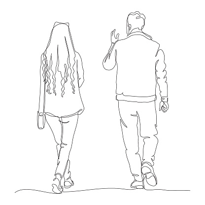 Couple talking and walking away. Man got hand up. Woman with long hair and ear shape headband. Continuous line drawing. Hand drawn vector in line art style