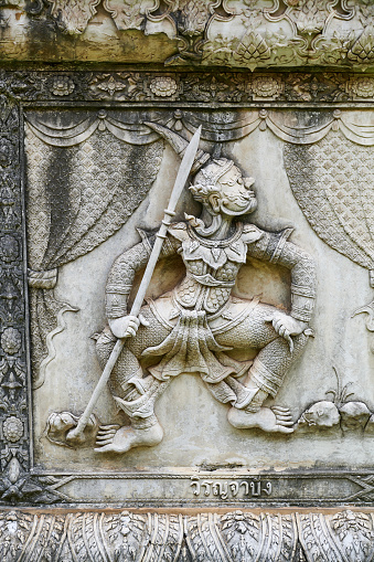 High relief of characters from Ramayana thai national epics. Wat Phanan Choeng. Ayutthaya. Phra Nakhon Si Ayutthaya province. Thailand.