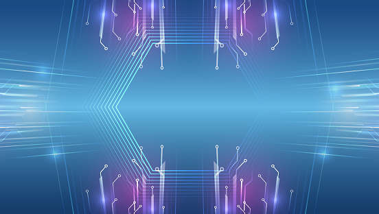 Abstract futuristic communication. Hi-tech blue background with various technology elements. Vector illustration of circuit board and hexagons.
