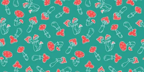 Vector illustration of Amanita. Fly agaric mushrooms. Seamless pattern. Set of Poisonous mushrooms. Drawing. Vector background, doodle.