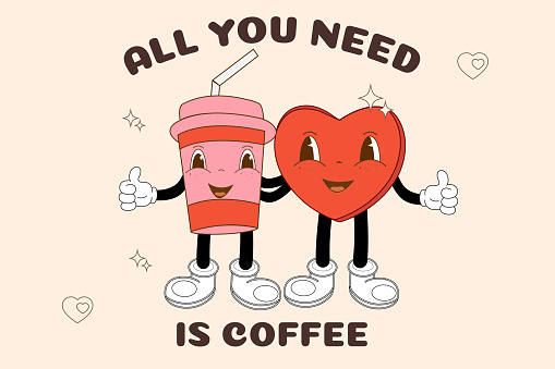 Vector retro coffee mascot. Vintage groove style from the 70s, 60s, 50s. An excellent advertising poster for a coffee shop or cafe, showing how people love coffee.