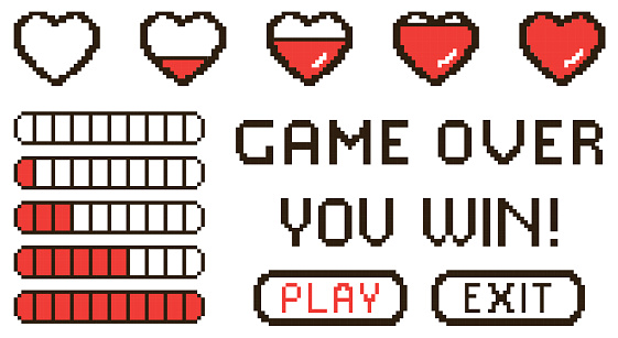 Pixel game 8 bit hearts, health life bar, Play and Exit buttons, Game Over and You Win inscription. Retro pixelated gaming symbols set on transparent background. Love, Valentine concept
