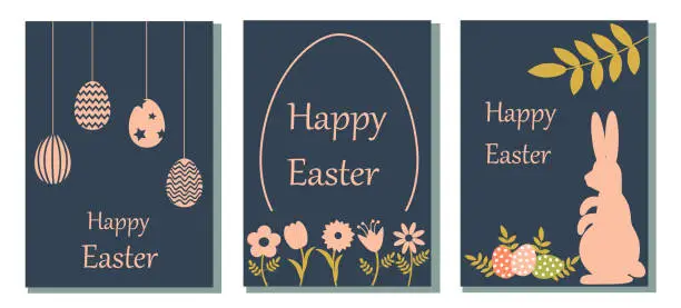 Vector illustration of Set of Easter cards. Abstract eggs spring flowers and decorations. For poster, postcard, scrapbooking, stickers. Vector.