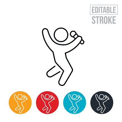 An icon of a musician putting on a performance by jumping and singing. The icon includes editable strokes or outlines using the EPS vector file.