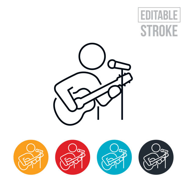 Musician Putting On A Concert By Playing The Guitar And Singing Thin Line Icon - Editable Stroke An icon of a musician putting on a concert by playing the guitar and singing. The icon includes editable strokes or outlines using the EPS vector file. microphone stand stock illustrations