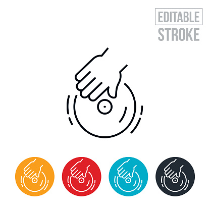 An icon of a disc jockey with is hand on a turntable. The icon includes editable strokes or outlines using the EPS vector file.