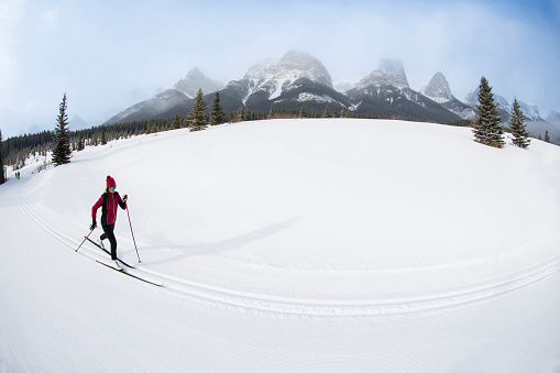 A female cross-country skier goes for a ski at the Canmore Nordic Centre Provincial Park in Alberta, Canada. She is doing the classic-style technique and wears warm, winter clothing.