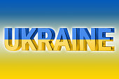 The word UKRAINE on the background of the Ukrainian national flag
