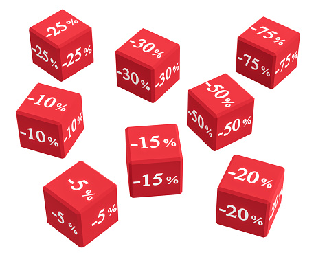 Red cubes with different discounts for sale. Figures with percentages. Isolated on white