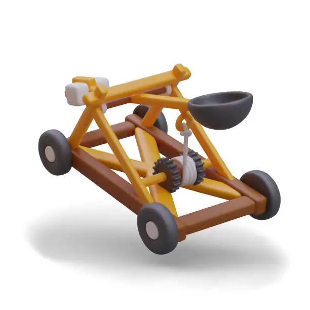 Vector illustration of 3D wooden catapult on wheels. Mobile mechanical device for throwing projectiles over long distance